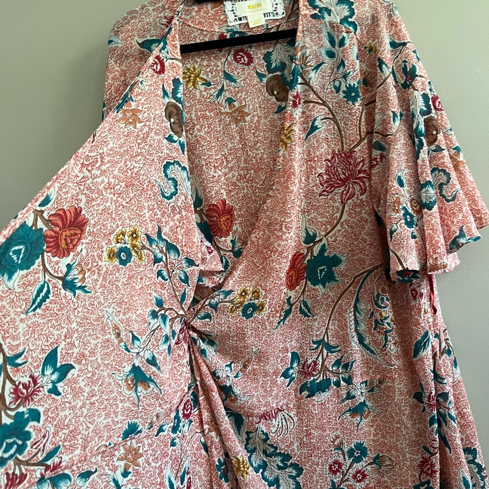 Anthropologie Pink Floral Midi Dress with Teal and Red Accents - Picture 8 of 10